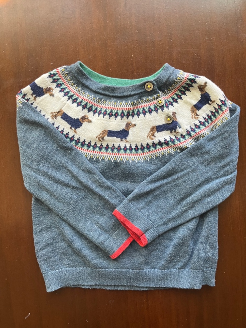 Baby Boden Blue Knit Sweater with Dog Motif and Green Trim